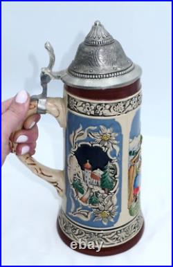 11.5 Lrg Vintage GERZ German Lidded Beer Stein Man Woman Sunflowers Mountains A