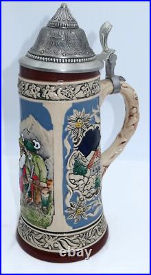 11.5 Lrg Vintage GERZ German Lidded Beer Stein Man Woman Sunflowers Mountains A