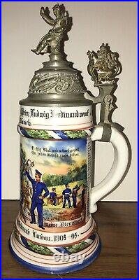 #18 Regimental Lithophane Beer Stein 1903-05 Antique German Military Lidded