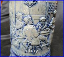1800's German BLUE SALT GLAZE 1 Liter Footed BEER STEIN with Pewter LID