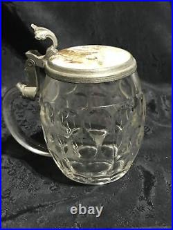 1800s German Lidded Glass & Pewter Beer Stein Hand Painted Porcelain See Marks