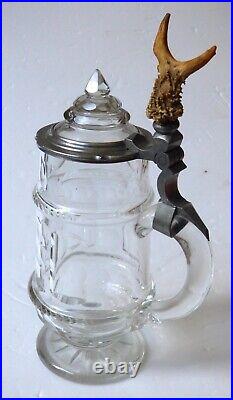 1850 German Hunter Stein Stag Antler Forest Cut Crystal glass handm. Pewter lid
