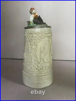 1880 Fritz Thenn German salt glaze stoneware figural ceramic beer stein 10+