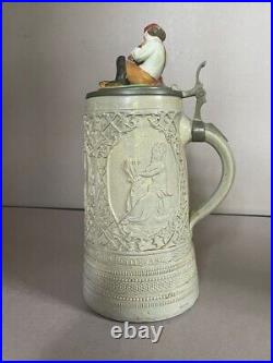 1880 Fritz Thenn German salt glaze stoneware figural ceramic beer stein 10+