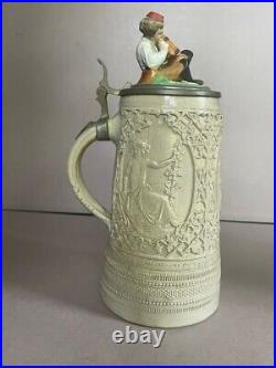 1880 Fritz Thenn German salt glaze stoneware figural ceramic beer stein 10+