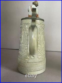 1880 Fritz Thenn German salt glaze stoneware figural ceramic beer stein 10+