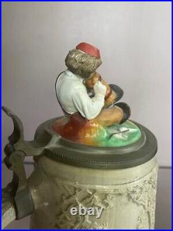 1880 Fritz Thenn German salt glaze stoneware figural ceramic beer stein 10+