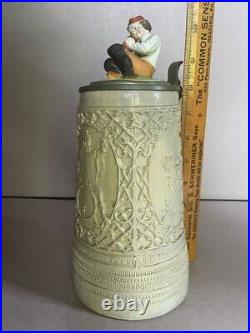 1880 Fritz Thenn German salt glaze stoneware figural ceramic beer stein 10+