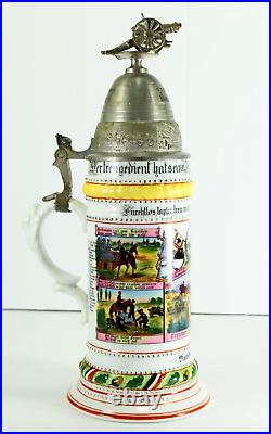 =1890-1914 German Artillery Regimental Stein Lithophane Porcelain w. Pewter Lid
