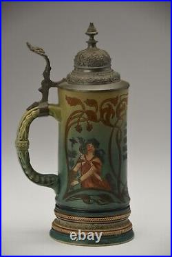 1899 German Dumler & Breiden Stein #552.5L Etched Lidded Stein Women WithSaying