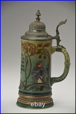 1899 German Dumler & Breiden Stein #552.5L Etched Lidded Stein Women WithSaying