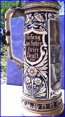 19 tall Vintage 4L German Hand painted Beer Stein/ Metal Lid Badly Bent