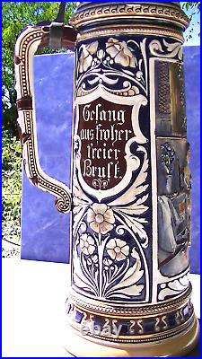 19 tall Vintage 4L German Hand painted Beer Stein/ Metal Lid Badly Bent