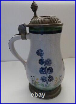 ° 1900 Faience Antique German pewter footed lidded pear formed Beer Stein Hunter