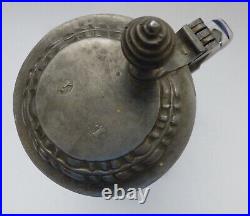 ° 1900 Faience Antique German pewter footed lidded pear formed Beer Stein Hunter