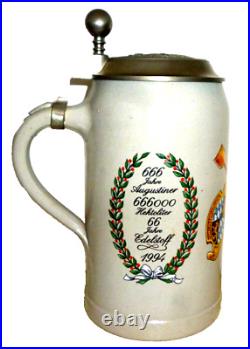 1994 Augustiner Munich 666 Years Brewery lidded 1L Masskrug German Beer Stein