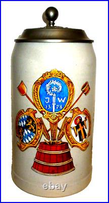 1994 Augustiner Munich 666 Years Brewery lidded 1L Masskrug German Beer Stein