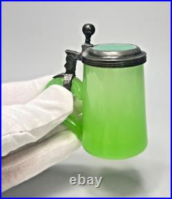 19c. Antique German Miniature Vaseline Uranium Glass Tankard Beer Stein Mug 2.75