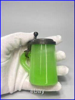 19c. Antique German Miniature Vaseline Uranium Glass Tankard Beer Stein Mug 2.75