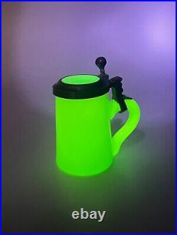 19c. Antique German Miniature Vaseline Uranium Glass Tankard Beer Stein Mug 2.75