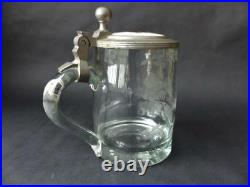19th c German Beer Stein, Hand Blown Glass With a Porcelain Insert To The Lid