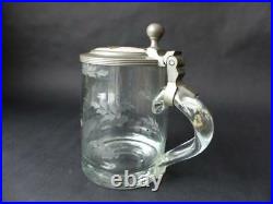 19th c German Beer Stein, Hand Blown Glass With a Porcelain Insert To The Lid
