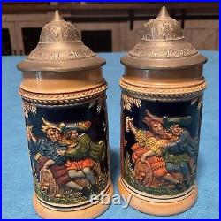 (2) 1/8L Lidded Beer Stein Vintage German Pottery 5 1/2 Tall Collectible