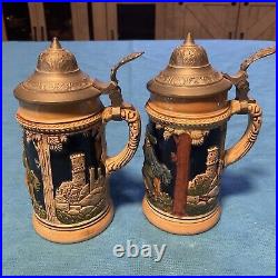 (2) 1/8L Lidded Beer Stein Vintage German Pottery 5 1/2 Tall Collectible