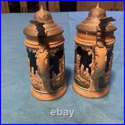 (2) 1/8L Lidded Beer Stein Vintage German Pottery 5 1/2 Tall Collectible