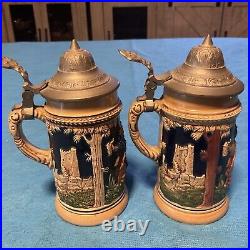 (2) 1/8L Lidded Beer Stein Vintage German Pottery 5 1/2 Tall Collectible