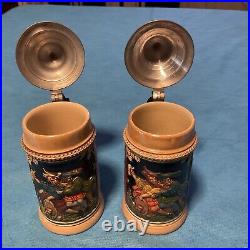 (2) 1/8L Lidded Beer Stein Vintage German Pottery 5 1/2 Tall Collectible