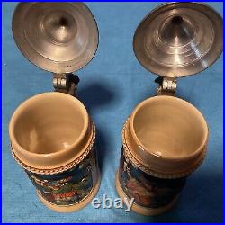 (2) 1/8L Lidded Beer Stein Vintage German Pottery 5 1/2 Tall Collectible