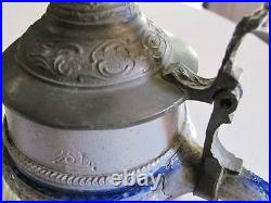 2 Early Antique German Beer Steins, Lidded Pewter Hinged Tops, Salt Glaze Pottery