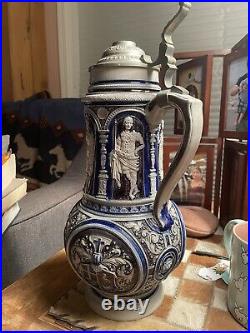 2 ltr. Westerwald German pottery pewter lidded beer or wine pitcher