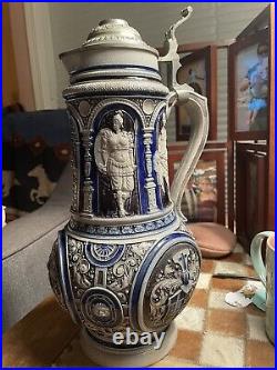 2 ltr. Westerwald German pottery pewter lidded beer or wine pitcher