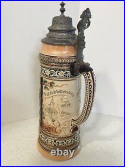 2L Vintage Hand Painted Marzi & Remy German Pottery Pewter Lidded Beer Stein