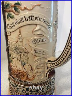 2L Vintage Hand Painted Marzi & Remy German Pottery Pewter Lidded Beer Stein