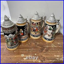 4 German Beer Stein, Vintage, Christmas 1971, 1975, 1976, 1977, Schmid Lidded