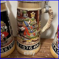 4 German Beer Stein, Vintage, Christmas 1971, 1975, 1976, 1977, Schmid Lidded