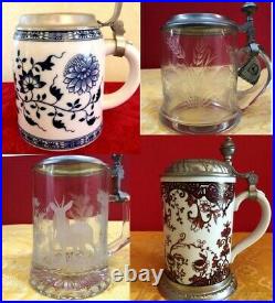 4 German Beer Steins / Seidel / Tankards, with Pewter Lids. New, never used