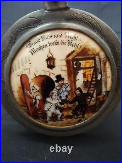 5L Antique German Glass Lidded Beer Stein Porcelain painted scene Plaque 7.8