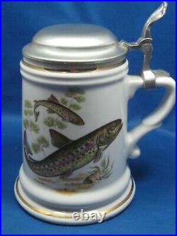 7 1/4 Antique German Pewter Lid Beer Stein Hand Painted Mug Fish Scenes