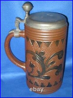 8.5 Beer Stein Mug German Pewter Lid Engraved Glazed 1978 Koenig Pilsener Mug
