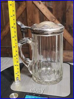 ANTIQUE 1870-1880s German Silver (. 800) Lidded & Glass Tankard Beer Stein 05. L