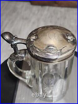 ANTIQUE 1870-1880s German Silver (. 800) Lidded & Glass Tankard Beer Stein 05. L