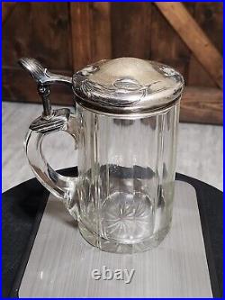 ANTIQUE 1870-1880s German Silver (. 800) Lidded & Glass Tankard Beer Stein 05. L