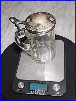 ANTIQUE 1870-1880s German Silver (. 800) Lidded & Glass Tankard Beer Stein 05. L