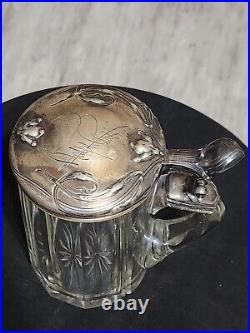 ANTIQUE 1870-1880s German Silver (. 800) Lidded & Glass Tankard Beer Stein 05. L