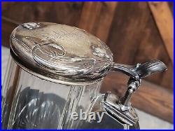 ANTIQUE 1870-1880s German Silver (. 800) Lidded & Glass Tankard Beer Stein 05. L