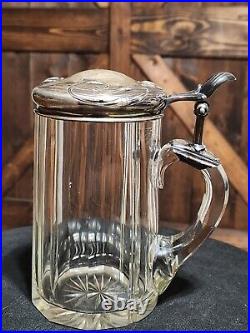 ANTIQUE 1870-1880s German Silver (. 800) Lidded & Glass Tankard Beer Stein 05. L